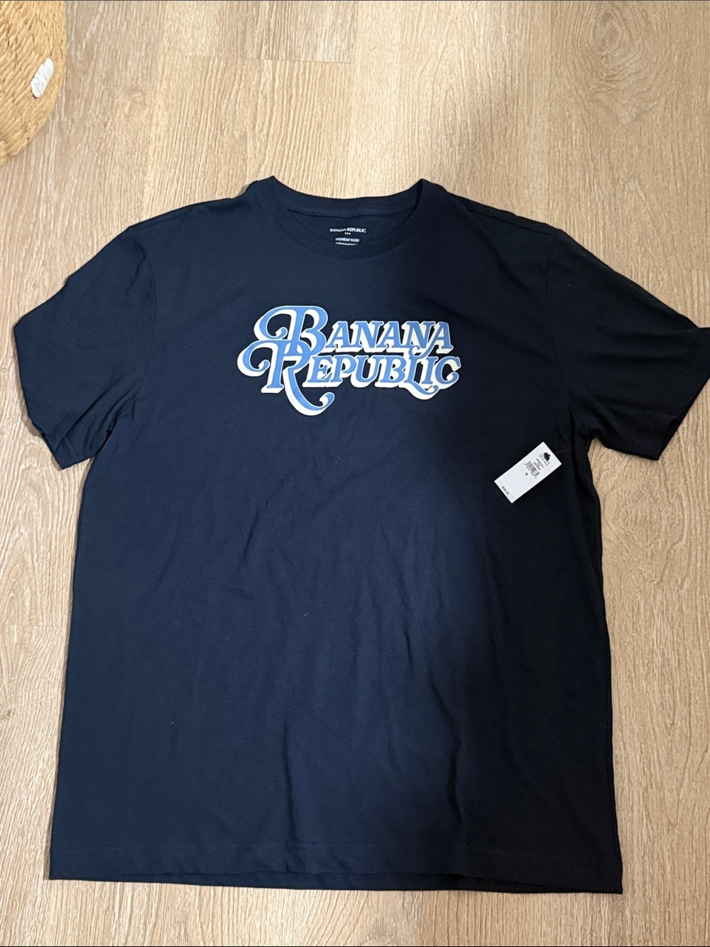Men’s Banana Republic Black Crewneck Tee with Blue & White Logo